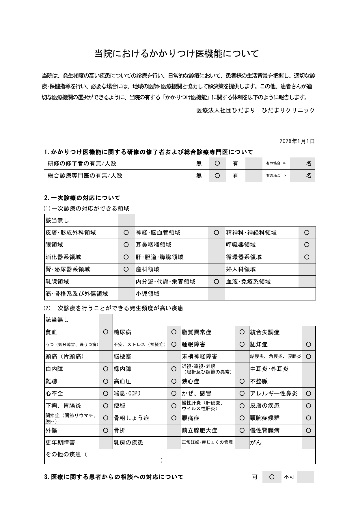 ひだまりクリニック かかりつけ医機能 院内掲示様式（医療法）